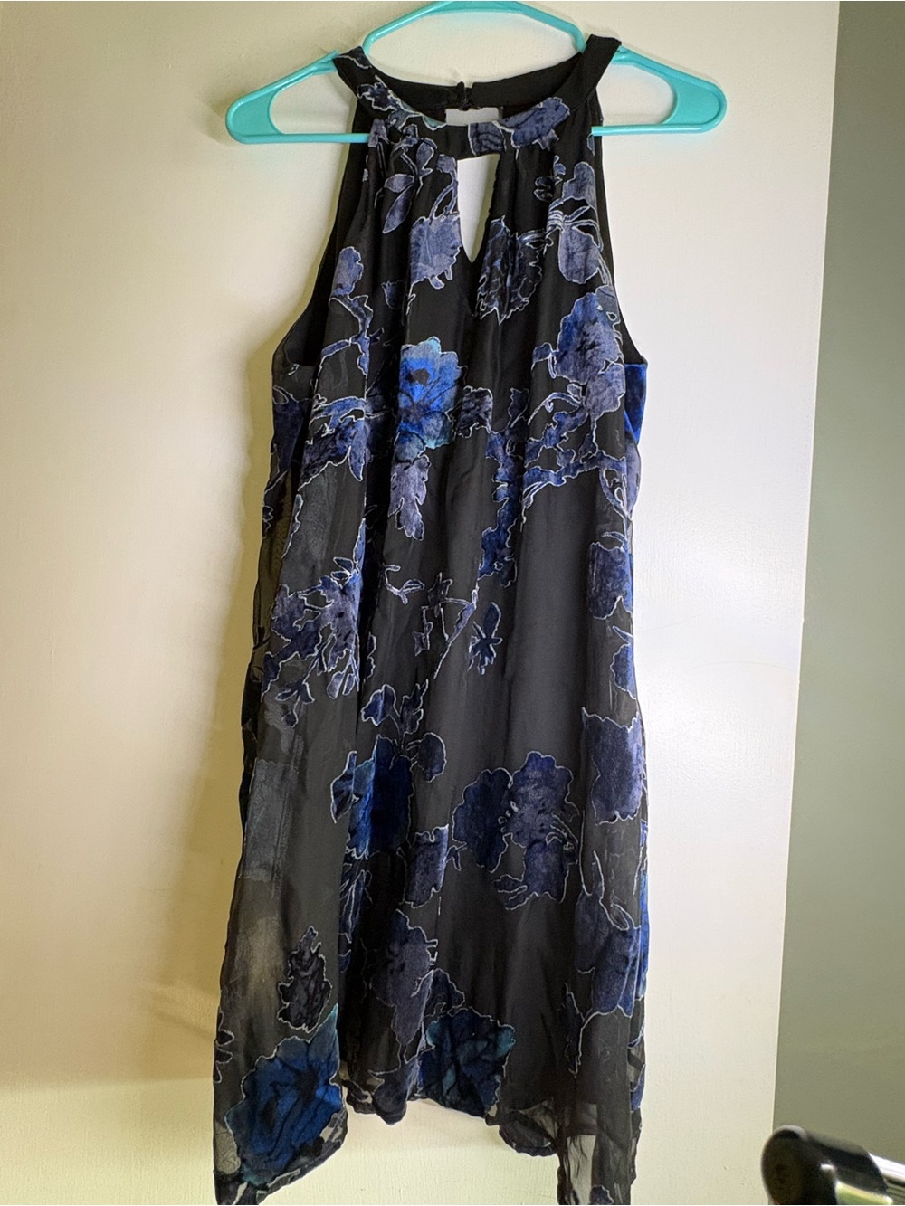 Women’s Black Halter Floral Dress with Blue Accents Midi